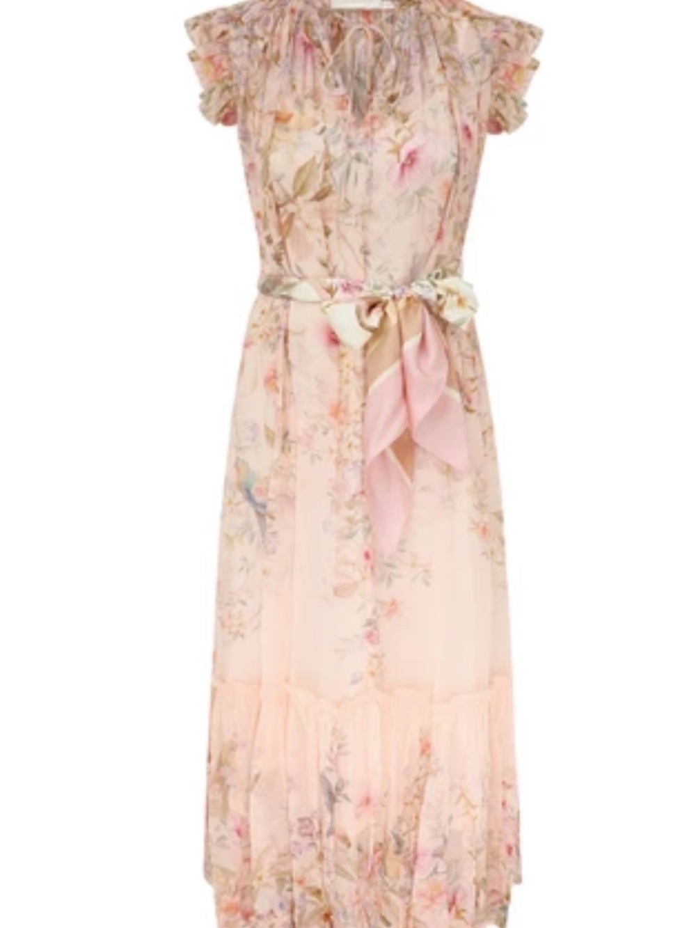 Women Pink Floral Ruffle Chiffon Dress with Sash